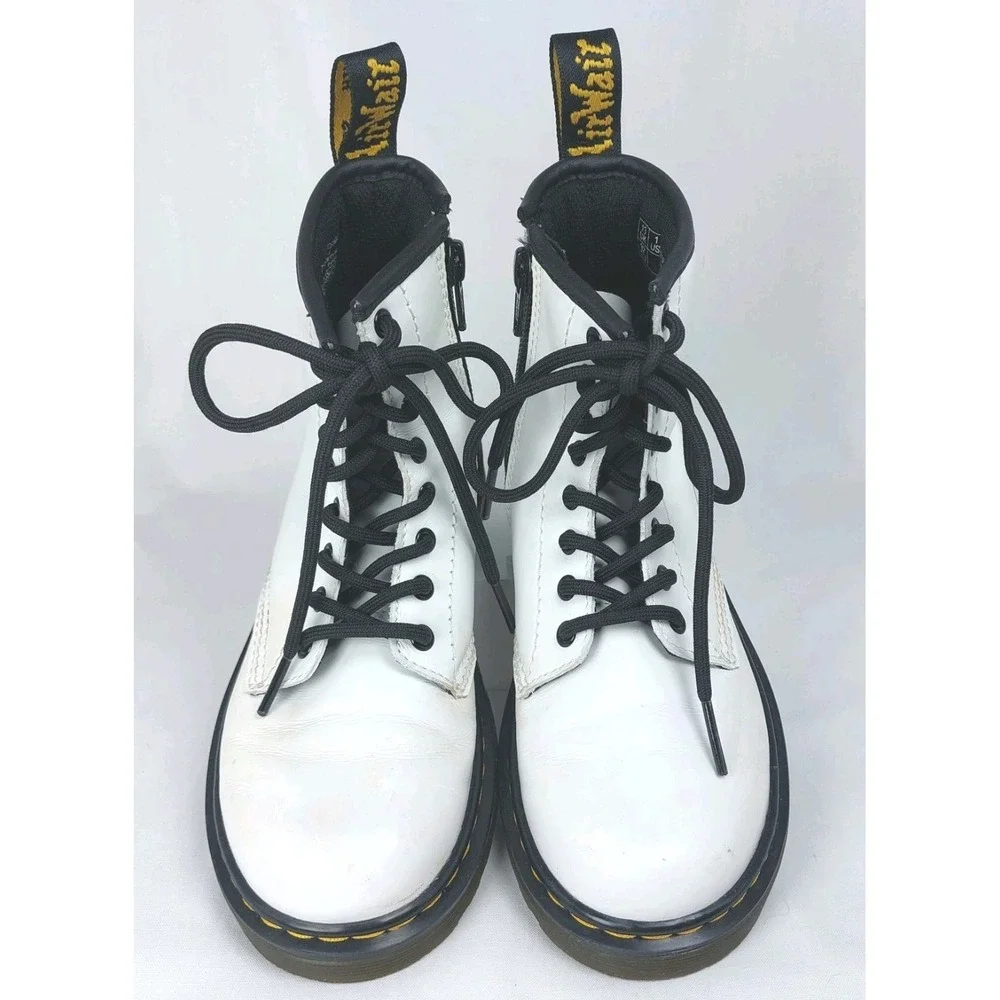 Doc Martens Air Wair 1460J Girls Combat Boots White Lace-Up Side Zip‎ Sz 1 *READ